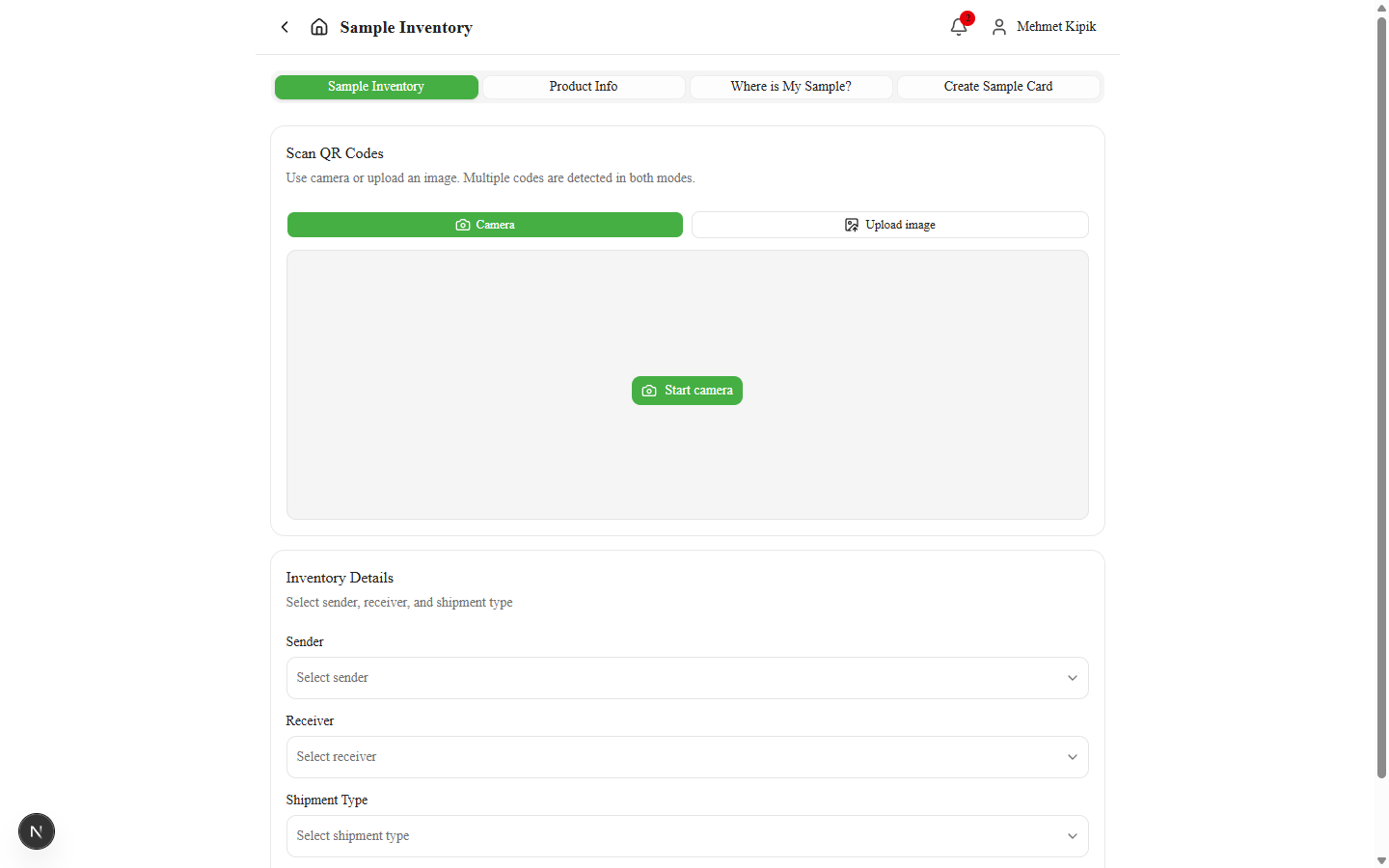 Sample Inventory — scan and submit transfer