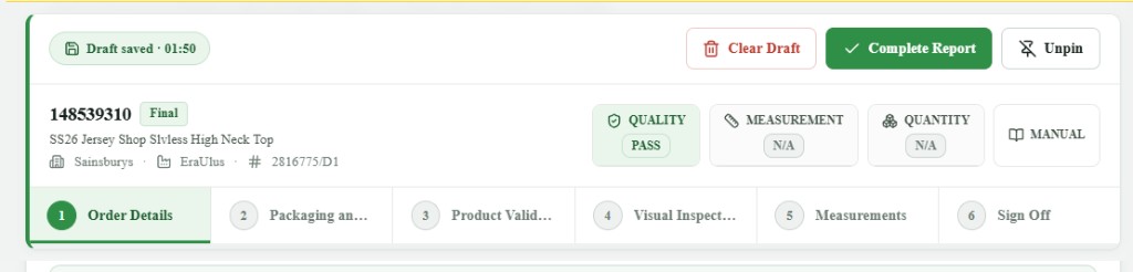 Report header with Manuals & PO button