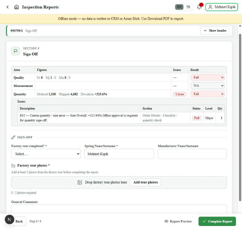 Sign Off — results grid with issues