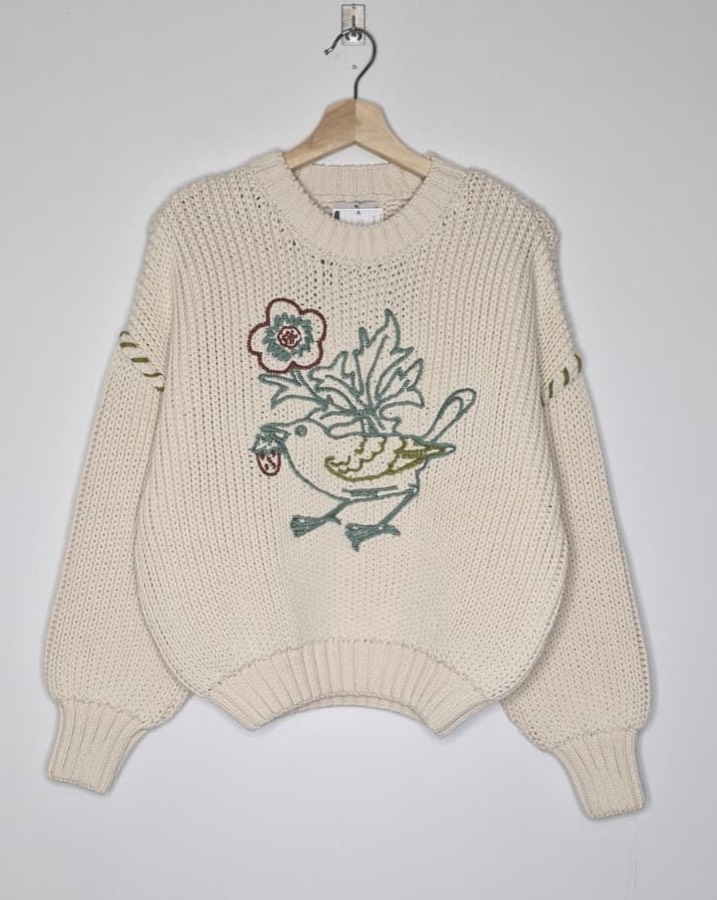 Correctly shot cream embroidered knitwear, centred and evenly lit