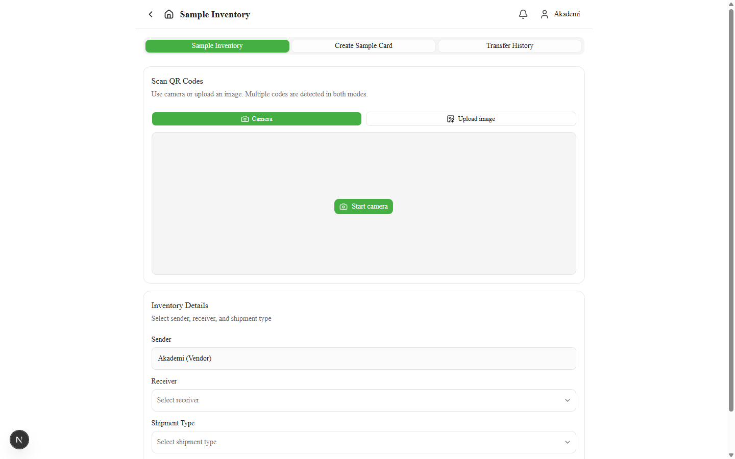 Sample Inventory — scan and submit transfer