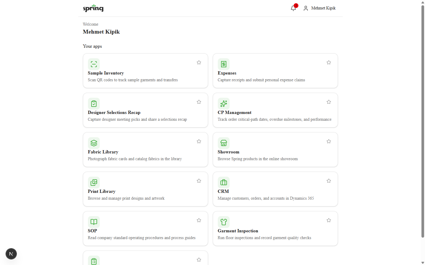 Landing menu showing Your apps