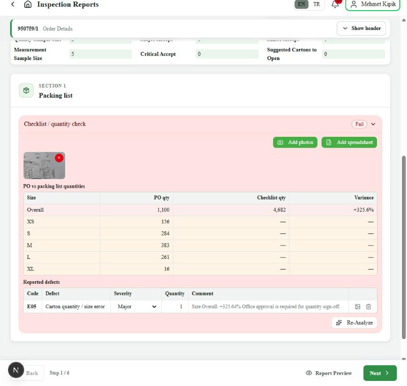 Packing list with PO comparison and defects