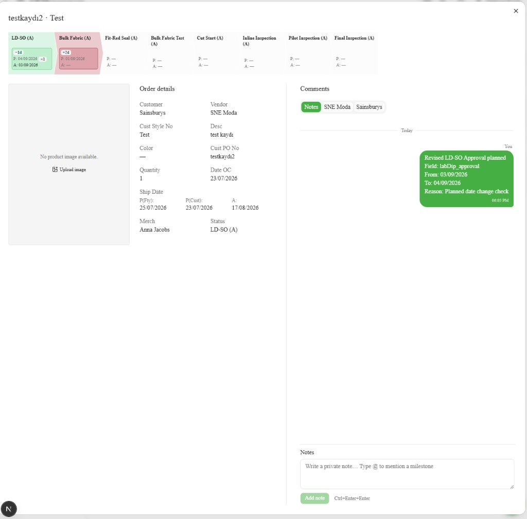 Order drawer with Comments — Notes, vendor, and customer tabs