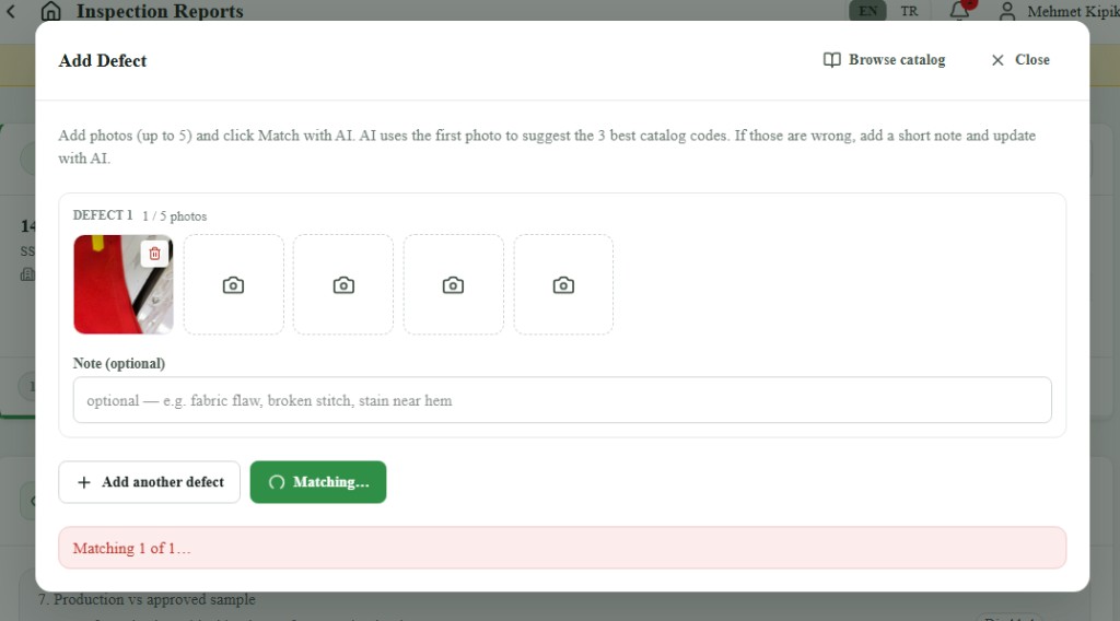 Add Defect — photo, then Matching with AI