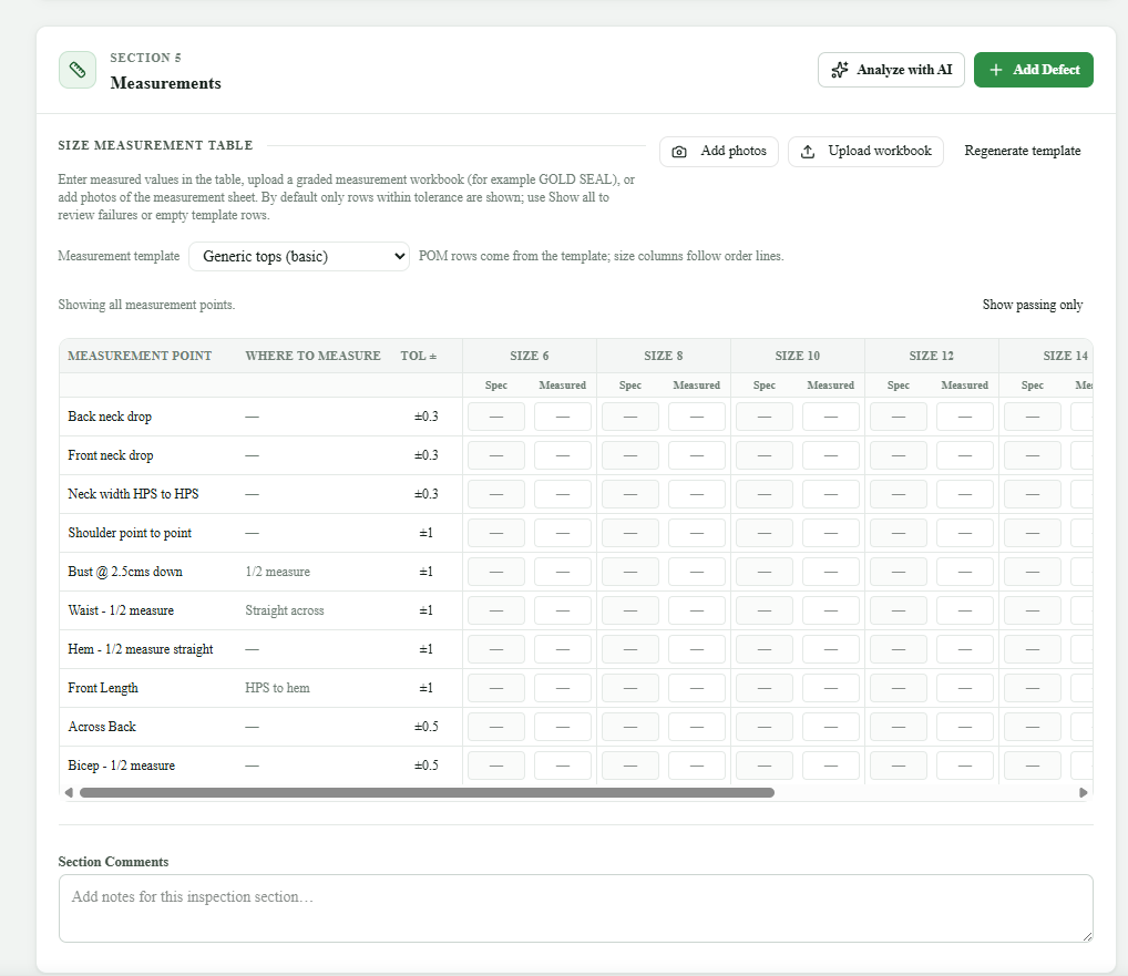 Measurements — size measurement table