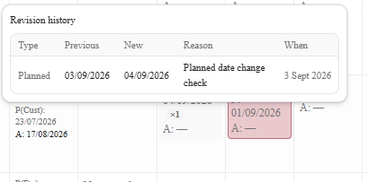 Hover: Edit milestone dates and Revision history