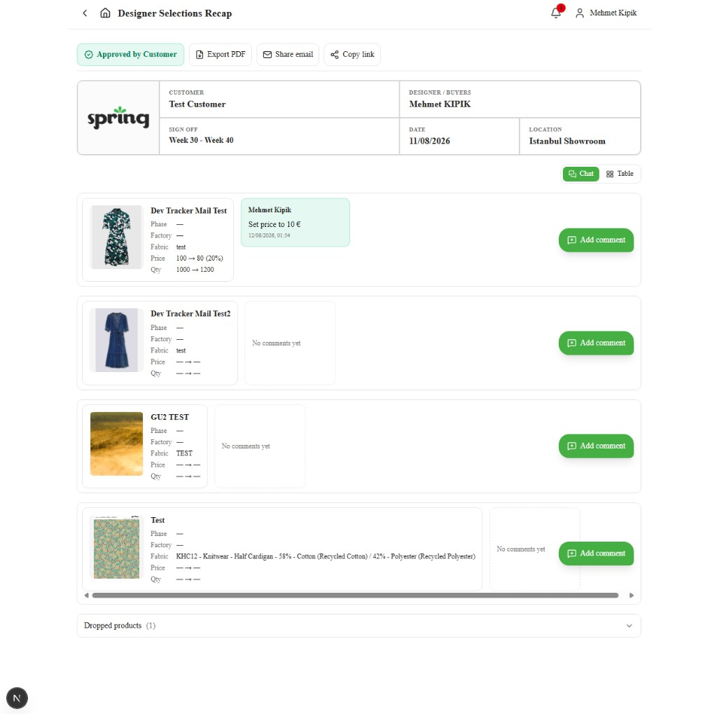 Chat view with live comments and prices